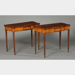 Pair of Federal Carved, Turned, and Bird's-eye Maple Inlaid Mahogany Card Tables