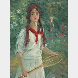 Francis Luis Mora (American, 1874-1940) Young Girl Holding a Tennis Racquet, c. 1900-1905