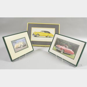 Two Framed Automobile Photographs and a Futuramic Oldsmobile Series 98 Convertible Coupe Print
