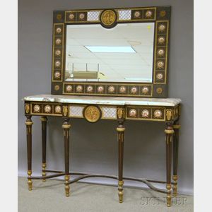 Louis XVI-style Marble-top Gilt-metal and Porcelain-mounted Ebonized Wood Console Table with Mirror