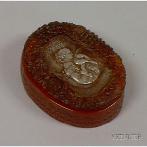 L.P. Guyote, Paris, Art Deco Pewter-inset Molded Amber Resin Covered Trinket Box.