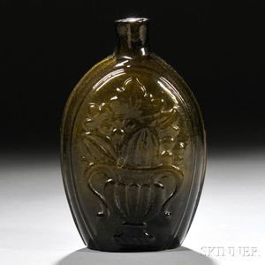 Olive Green Blown-molded Cornucopia/Urn Pictorial Glass Flask
