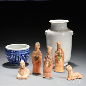 Five Pottery Funerary Figures and Two Porcelain Items