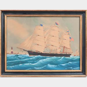 American School, Late 19th Century, Portrait of the Three-masted Vessel Martha Bowker of Brunswick, Maine, Entering the Scheld River Bo