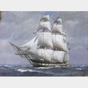 American School, 19th Century Miniature Portrait of an American Three-Masted Sailing Vessel.