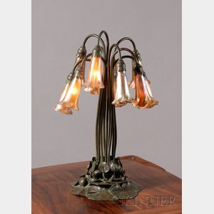 Tiffany Studios Ten-light Favrile Glass and Green-patinated Bronze "Lily" Lamp