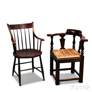 George III Oak Roundabout Chair and a Painted Thumb-back Windsor Potty Chair
