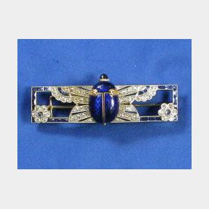 Art Deco Diamond, Sapphire and Enamel Watch Pin