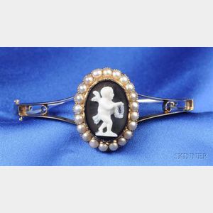 Antique 14kt Gold, Hardstone Cameo, and Seed Pearl Bracelet
