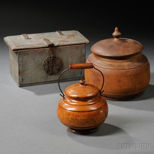 Wrought Iron Mounted Blue-painted Box and Two Covered Treen Containers