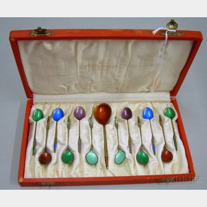 Boxed Set of Twelve A. Michelsen Enameled Sterling Silver Demitasse Spoons and a Sugar Spoon.