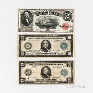 1917 $2 Legal Tender Note and Two 1914 $20 Federal Reserve Notes. 