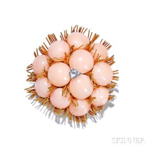 18kt Gold, Coral, and Diamond Brooch
