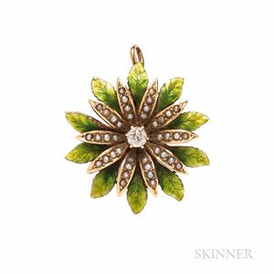 Antique 14kt Gold, Seed Pearl, Diamond, and Enamel Flower Pendant/Brooch