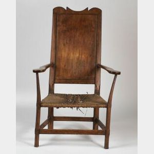 English Provincial Fruitwood Rush Seat Armchair