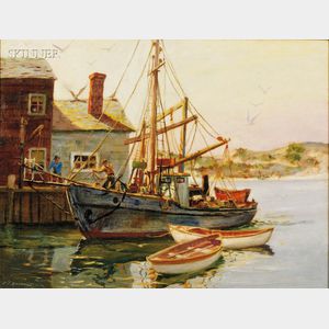 J. J. Enwright (American, 1911-2001) Coastal Landscape with Fishing Wharf