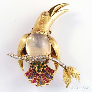 18kt Gold Gem-set Exotic Bird Brooch