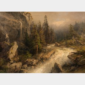 Hermann Herzog (American/German, 1832-1932) Rushing Mountain Stream with Foreground Fox