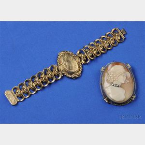 Shell Cameo Habille Brooch/Pendant and Antique Gilt Bracelet