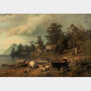 Hermann Herzog (American/German, 1832-1932) Mountain Lakeshore with Farm Couple, Livestock, Dinghies, and Barn