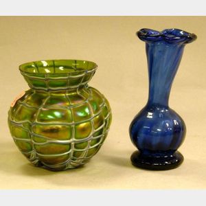 Loetz-type Iridescent Glass Vase and a Small Blue Blown Glass Vase.