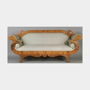 Biedermeier Carved Flame Birch and Maple Settee
