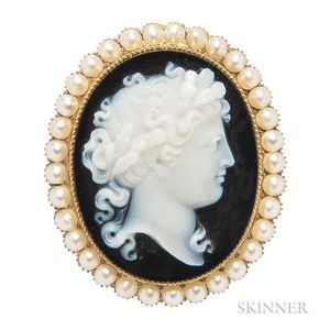 Antique Onyx Cameo and Seed Pearl Brooch