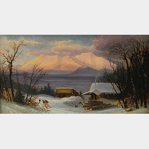 Attributed to Benjamin Champney (American, 1817-1907) Winter Landscape with Cabin and Mountains.