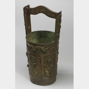 Bronze Flower Vase, Japan, 19th century, in the form of a bucket, relief designs of birds and flowers with dragon borders further enhan
