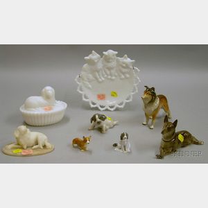 Seven Dog Figural Items and a Milk Glass Cat Plate