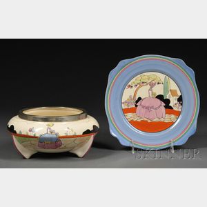 Clarice Cliff Applique Ware Plate and Chrome-mounted Center Bowl in the Idyll (Crinoline Lady) Pattern