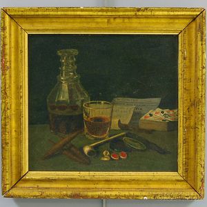 American School, 19th Century Still Life with Liquor, Cigars, Pipe, Playing Cards, Cowry Shells, and Handbills.