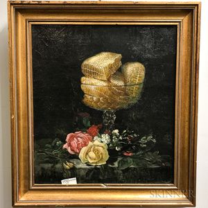 American School, 19th Century Still Life with Honeycomb and Flowers.