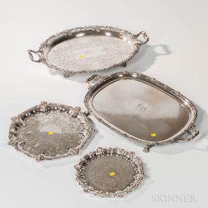 Four English Silver-plated Footed Trays and a Group of Coin Silver Flatware