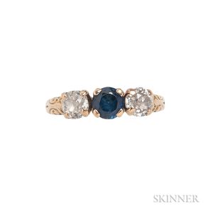 Antique 18kt Gold, Sapphire, and Diamond Three-stone Ring
