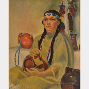 Gloria Mizen (American, 20th Century) American Indian, Southwest, Painting a Pot