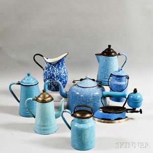 Eight Blue Enameled Graniteware Kitchen Items. 