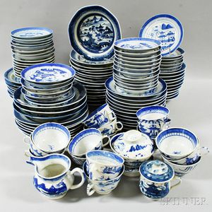 Approximately 116 Canton Blue and White Porcelain Plates, Soups, Teacups, and Saucers. 