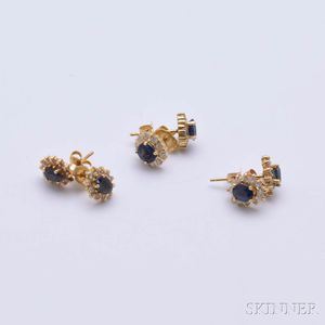 Three Pairs of 14kt Gold, Sapphire, and Diamond Earrings