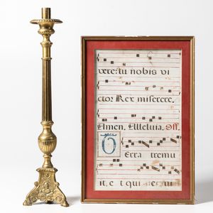 Framed Antiphonal Manuscript Leaf on Parchment and a Brass Alter Candlestick