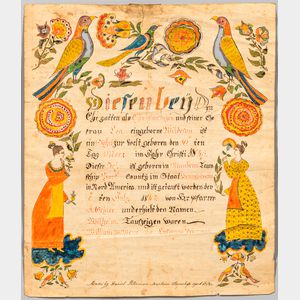 Pen, Ink, and Watercolor Birth and Baptismal Fraktur