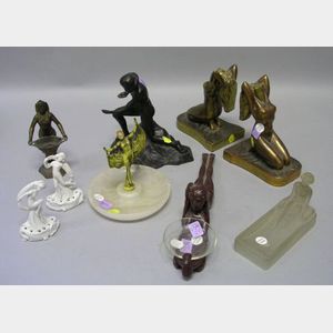 Nine Assorted Art Deco Metal, Porcelain, and Glass Figural Table Articles