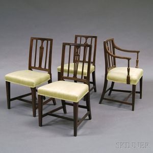 Four George III Oak Dining Chairs and a Black-painted Ladder-back Armrocker