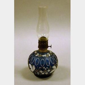 Small Victorian Floral Enamel Decorated Blue Glass Kerosene Table Lamp.