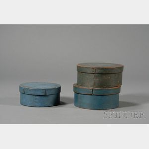 Three Round Wooden Blue-painted Lapped-seam Covered Pantry Boxes