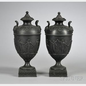 Pair of Wedgwood Black Basalt Dancing Hours Vases and Covers
