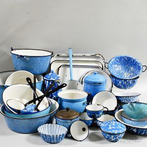 Group of Blue Enameled Graniteware Kitchen Items. 