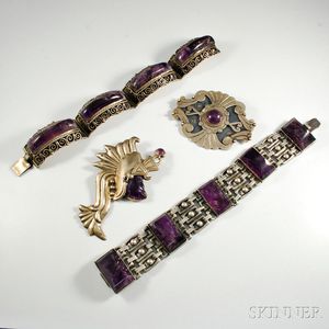 Four Pieces of Mexican Silver and Amethyst Jewelry