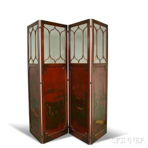Continental Chinoiserie-decorated Glazed and Lacquered Four-panel Screen