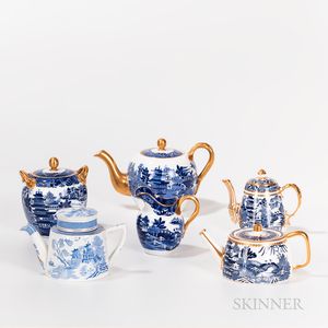 Six Blue Transfer and Gilt Teaware